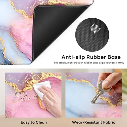 Large Gaming Mouse Pad, XL Desk Protector, Non-Slip Base | 31.5x15.7 in Extended Desk Mat with Stitched Edges for Keyboard, Work, Game, Office, Home PC and Laptop - color: Pink Marble