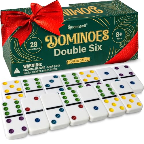 Queensell Dominos Set for Adults and Kids with Colored Dots – Double 6 Dominoes Set – Classic Board Game for Kids and Adults – Double Six Standard Dominos Set with 28 Tiles