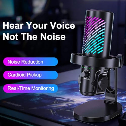 RGB USB Gaming Microphone for PC, Streaming & Podcast, Cardioid Condenser Mic with Noise Reduction, Touch Mute, Headphone Monitoring, Gain Control, Plug & Play for Mac Phone