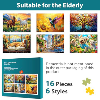 Biarek 6 Packs 16 Large Piece Puzzle for Seniors, Alzheimer's & Dementia Activities, Easy Puzzle, 6 Storage Bags - style: 16A Large Pieces
