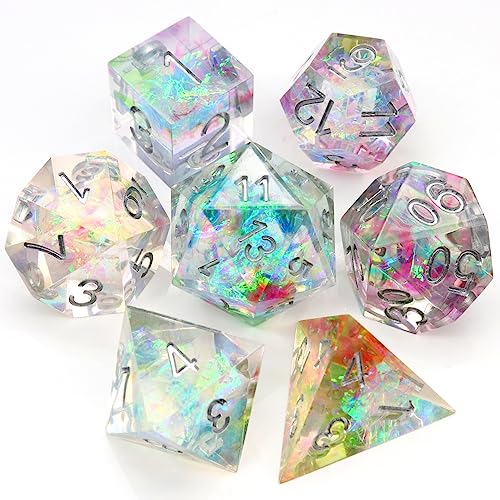 Haxtec Rainbow Sharp Edge Dice Set DND Dice with Iridescent Mylar Resin Dice Galaxy D&D Dice for RPG Role Playing Compatible with Dungeons and Dragons Gift - color: White Blue Red Yellow
