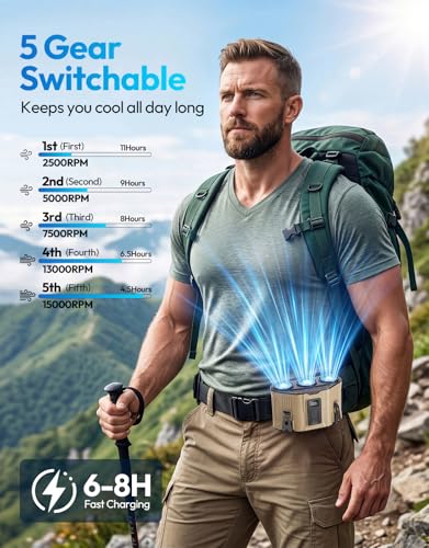 Portable Waist Fan with 3 Turbo Fans, 12000mAh Rechargeable Wearable Belt Fan, Shirt Fan Strong Airflow Fast Cooling, Hands Free Clip Fan for Outdoor Jobsite Construction Farm, Khaki - color: Brown