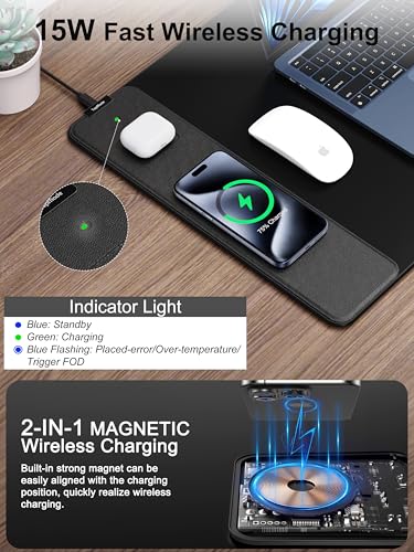 TopMade Mouse Pad with 15W Fast Wireless Charging, 35.43"x15.75" XXXL Large Gaming Mousepad, Waterproof Desk Pad, Classic Black Computer Desk Mat(Includes 20W PD Power Adapter & 6.56ft Woven Cable) - color: Black-35.4"x15.8"-with Adapter