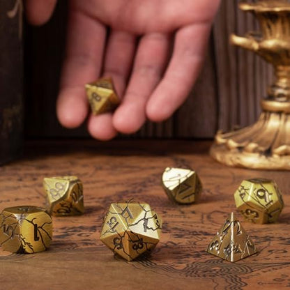 Metal Dice for DND - Ancient Cracked Pharaoh Ruins – Antique Gold | Beautiful 7pc Polyhedral Dice Set, Smooth Rolling, Role Playing Games (RPG), Compatible with D&D, for Dungeons and Dragons - color: Ancient Gold