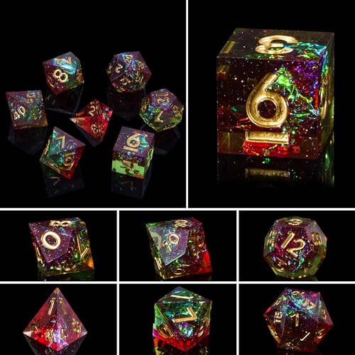 7PCS DND Dice Set,Handmade Sharp Edge Dice Set D&D RPG Polyhedral Die,for Dungeons and Dragons TTRPG Games Roleplaying Games Pathfinder,with Gift Box(Green with Red) - color: Starry Sky(green With Red)