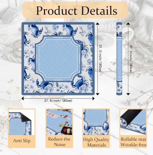 Blue Crab Floral Beach Mahjong Mat 31.5 x 31.5 Inch, Coastal Ocean Crab Non-Slip Noise Reduction Mahjong Table Mat for American Mah Jong Poker Card Board Games Dominoes - color: Blue Crab Floral