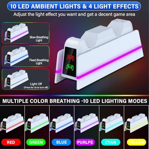 PS5-Controller-Charger-Station - Charging Station for PlayStation 5 Dualsense/Edge Controller with 9 Color Led Light, Fast Charging Dock & Holder Stand for PS5/Slim/Pro Remote - Whole White - color: Whole White P38