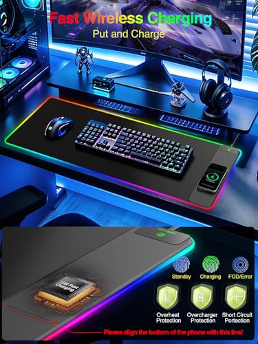 Wireless Charging Mouse Pad Gaming, 31.5"x15.8" Large Desk Mat, Waterproof | RGB Mousepad, Smooth Glide, Stitched Edge, Non-Slip Rubber Base, Desk Pad Computer Keyboard Mat, No Adapter - color: RGB-31.5"x15.8"-Right