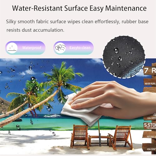 7 Rules of Life Inspirational Large Mouse Pad, Tropical Beach Palm Desk Mat | Keyboard Mat Stitched, 31.5" x 11.8", Positive Motivational Quote Rustic Wood, Summer Scenery Coastal Ocean Landscape - color: Vibrant Design J03K