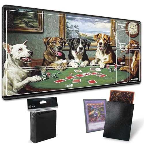 MTG Playmat with Zones, TCG Card Game Play Mat with Stitched Edges, Non-Slip Rubber Base Gaming Desk Mat, Smooth Surface 24 x 14 Inch, Dogs Play Poker - color: Dogs Play Poker, size: Zone 1