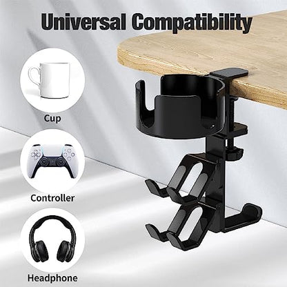360° Rotating Desk Cup Holder with Headset Hanger | Controller Headphone Holder with Adjustable Headset Hanger Stand, Gaming Pc Accessories