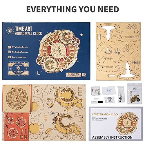 ROKR 3D Wooden Puzzles for Adults-Wooden Clock Puzzle Kit-Wood Model Kits to Build for Adults-Zodiac Wall Clock