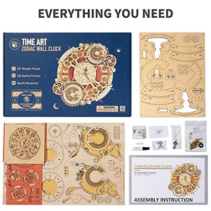 ROKR 3D Wooden Puzzles for Adults-Wooden Clock Puzzle Kit-Wood Model Kits to Build for Adults-Zodiac Wall Clock