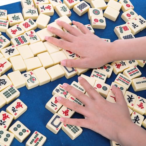 Cedilis Chinese Mahjong Game Set with 146 Large Tiles(1.4", Ivory), 2 Dice and Red Carrying Case for Chinese Style Game, Family Gathering