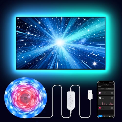 16.4ft RGB+IC LED Lights for 50-75 Inch TV, Backlight Strip Behind TV with Music Sync, Bluetooth APP and Voice Control, 44 Scene Modes, for Ambient Mood Lighting, Monitor Game, Bedroom, Living Room - size: 16.4FT