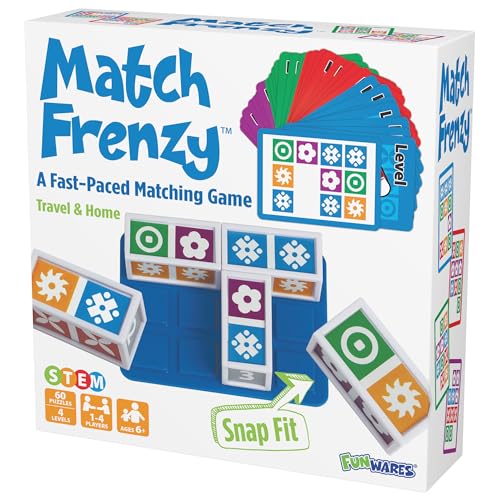 Funwares Match Frenzy: Portable Pattern Matching Puzzle Game, Family Mini Board Games, Perfect for Travel & Home Play, Road Trip Activities for Kids and Adults, Quick Set-Up - style: 4-Player