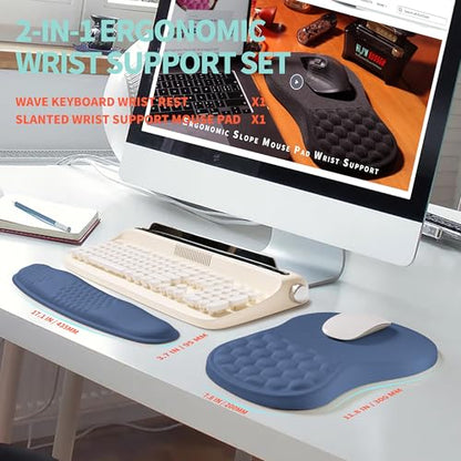 2-in-1 Ergonomic Set, Wave Rise Keyboard Wrist Rest and Massage Bulge Slope Mouse Pad Wrist Support, Cushion Memory Foam Integrated to Relieve Wrist Pain, Dark Blue - color: Dark Blue