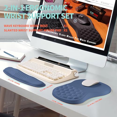 2-in-1 Ergonomic Set, Wave Rise Keyboard Wrist Rest and Massage Bulge Slope Mouse Pad Wrist Support, Cushion Memory Foam Integrated to Relieve Wrist Pain, Dark Blue - color: Dark Blue