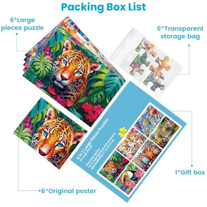 6 Packs 36 Pieces Large Puzzles for Seniors,Dementia Puzzles for Elderly Adults,Jigsaw Puzzles for Adults Seniors with Alzheimer's Dementia with 3 Storage Bags - style: Leopard Toucan Bike