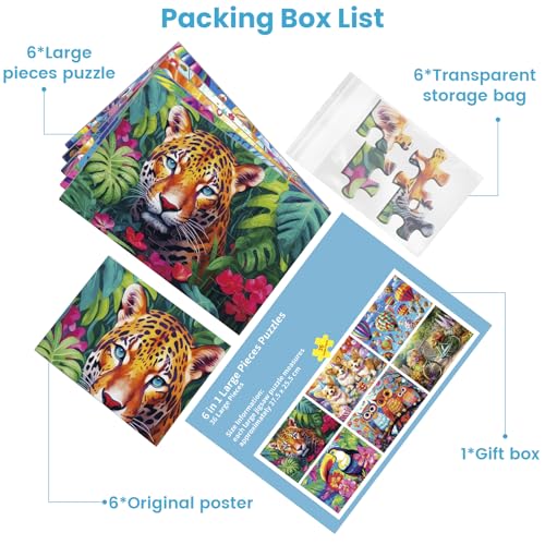 6 Packs 36 Pieces Large Puzzles for Seniors,Dementia Puzzles for Elderly Adults,Jigsaw Puzzles for Adults Seniors with Alzheimer's Dementia with 3 Storage Bags - style: Leopard Toucan Bike