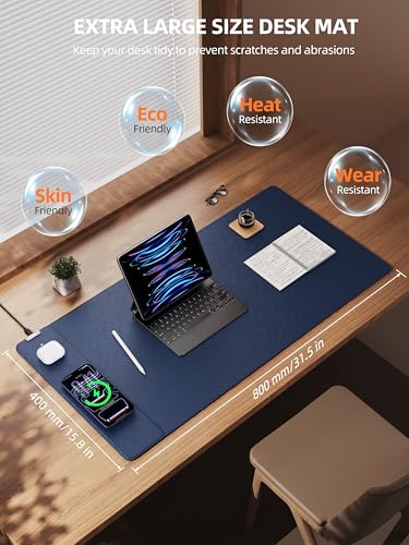 TopMade Mouse Pad with 15W Wireless Charging, XXL Large Leather Desk Mat, Waterproof Gaming Mousepad Home Office Desk Pad Protector, Blue (Includes 20W PD Power Adapter & 6.56ft Woven Cable) - color: Blue With Adapter
