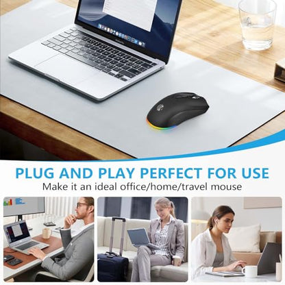 Wireless Mouse, Bluetooth Rechargeable Mouse, Dual Mode BT 5.2 + 2.4G USB Silent Wireless Bluetooth Mouse, RGB Ergonomic Design, 3-Level Adjustable DPI Mouse for Laptop, PC, Mac, Ipad, Black - color: Black