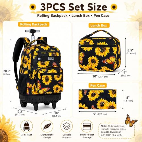 3Pcs Rolling Backpack for Girls Women, Travel Roller Backpacks with Wheels for Adults, Teens College Sunflower Wheeled Bookbag with Lunch Box(Yellow) - color: Sun Flower
