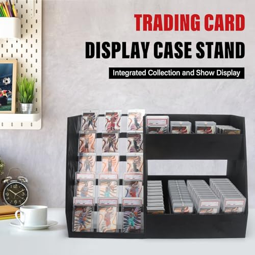 5-Tier Trading Card Display,Large Capacity Card Display Stand with 8-Row Storage & 8 Stoppers + Dividers,Wooden Graded Card Display Holds 200+ PSA BGS SGC Slabs for Sports Card and Game Card Collection - size: 25.7*10.6*16.2in