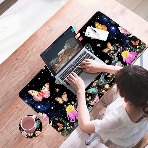 Mouse Pad,Large Desk Mat Set, 4in1 XL Mousepad + Keyboard Wrist Rest+Mouse Wrist Rest+Coaster with Ergonomic Desk Pad for Home Office Table Computer Cover -Butterfly Moon Flower - color: Butterfly Moon Flower