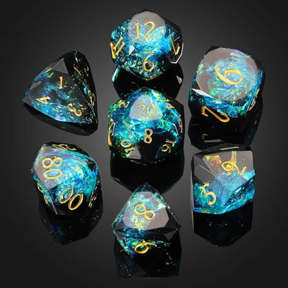 MoKo Resin DND Dice Set, 7PCS Sharp Edge Polyhedral, Dark Green+Blue | Gold Numbers, D&D RPG Tabletop Games, Gift Box Storage Bag, D20 D12 D10 D8 D6 D4 D% - color: 3 - Dark Green+blue