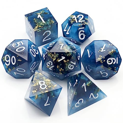 Haxtec Sharp Edge DND Dice Set, Gold Foil Resin Polyhedral RPG Dice | Blue D&D Dice for Role Playing Games, Compatible with Dungeons and Dragons, Handmade 7-Die with Metal Case, TTRPG Gifts - color: Blue White Gold