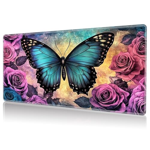 Playmat for MTG, Game Play Mat Card Game Playing 24 x 14 inches Tabletop Magic Play Mats Non-Slip Rubber Base and Stitched Mousepad Desk Mats Playmats for MTG TCG,Blue Butterfly Roses - color: Blue Butterfly Roses, size: NO Zones