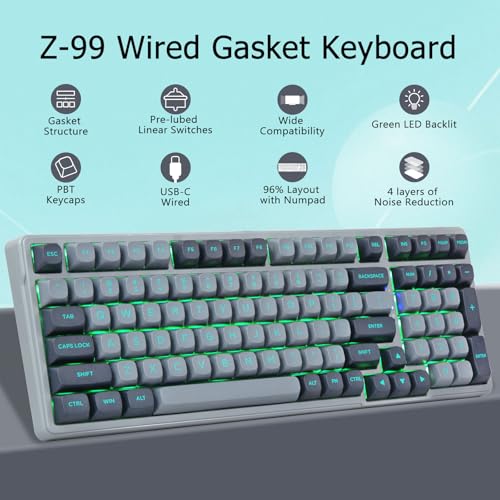 Wired Mechanical Gaming Keyboard, Creamy Sound, Pre-lubed Linear Switches, Gasket Structure with Sound Dampening Foam, Green LED Backlit RGB Side Light, 99 Keys Custom Keyboard for PC,Gray/Black