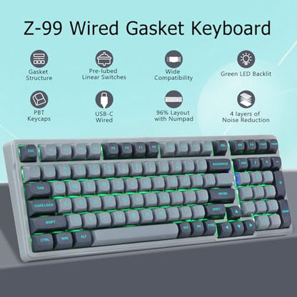 Wired Mechanical Gaming Keyboard, Creamy Sound, Pre-lubed Linear Switches, Gasket Structure with Sound Dampening Foam, Green LED Backlit RGB Side Light, 99 Keys Custom Keyboard for PC,Gray/Black