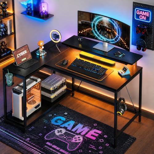Pinmoco 42" Reversible L-Shaped Desk, Gaming Desk with LED Lights, Monitor Stand, Cup Holder and Headset Hook, Corner Work Station for Home Office, Study and Small Spaces, Carbon Fiber Black | corner desk fits small spaces, monitor stand, cup holder, head