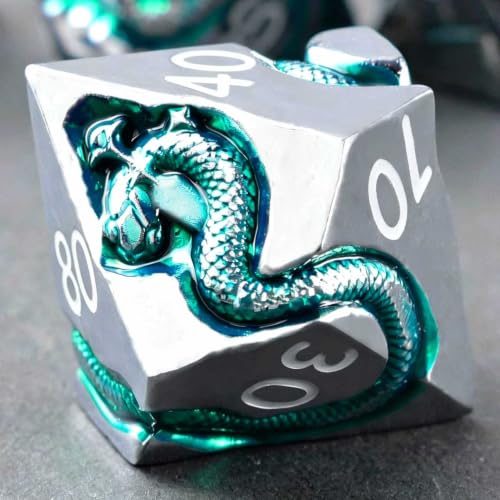 Ancient Serpent Metal DND Dice Set, 7 Piece Polyhedral RPG Dice for Dungeons and Dragons, Weighted Zinc Alloy Tabletop Dice with Storage Gift Case - color: Silver White