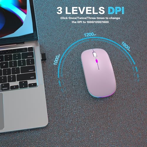 AIKOKOK Wireless Bluetooth Mouse, Rechargeable Dual Mode Mouse, Pink | BT 5.2 & 2.4G USB Receiver, 3 Adjustable DPI,LED Lights,Slim,Silent,Portable Computer Mouse for Laptop,PC,MacBook,iPad,Tablet - color: Pink