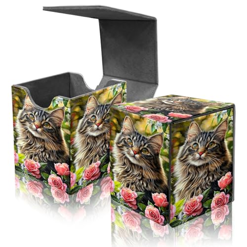 Card Deck Box for MTG Commander,Collectible Trading Storage Box Fits 120+ Single Sleeved Cards Magnetic Case PU Leather for Magic Commander TCG CCG MTG,Cute Cat Flower - color: Cute Cat Flower