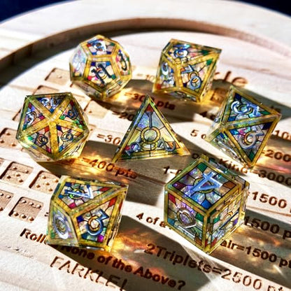 HAOMEJA Double Layered Resin Dice Set 7pcs/ Stained Glass Effect & Gold Numbers/Sharp Edged Polyhedral Dice/Apply to D&D/DND/Role Playing Game/RPG/Party Gift (Yellow Sky) - color: 1 Yellow Sky