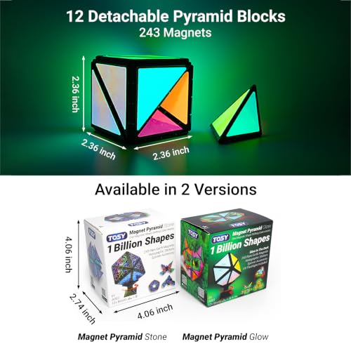TOSY Magnet Pyramid Glow - 1 Cube Transforms into 1 Billion Shapes, 12 Pieces, 243 Rare Earth Magnets, Glowing, Holographic Design Magnet Tiles Creative Puzzle STEM/STEAM Toy - color: Glow