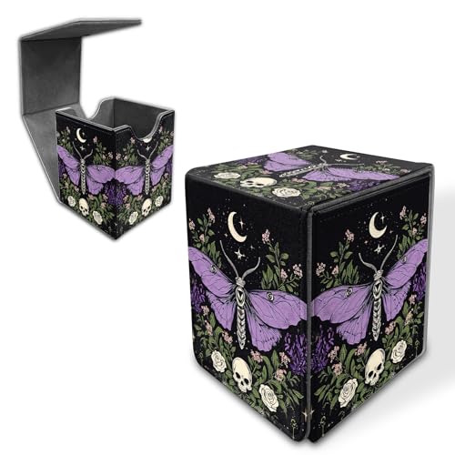 Deck Box for MTG/TCG/CCG, 100+ Sleeved Card Holder, PU Leather Trading Card Storage Box Case with Magnetic Closure, Moth & Crescent Quick Access for MTG Commander Game Cards - color: Moth & Crescent, size: 3.2×3.1×4.1 inch