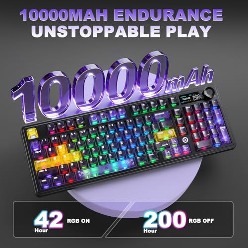 AJAZZ AK980 V2 Pro Mechanical Keyboard, 10000mAh Battery & Dual 8K Tri-Mode Gaming Keyboard with LCD Screen & Metal Knob, Hot Swappable Creamy Keyboard,for Win/Mac(Purple,Lychee Switch) - color: Purple