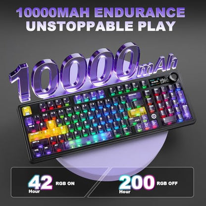 AJAZZ AK980 V2 Pro Mechanical Keyboard, 10000mAh Battery & Dual 8K Tri-Mode Gaming Keyboard with LCD Screen & Metal Knob, Hot Swappable Creamy Keyboard,for Win/Mac(Purple,Lychee Switch) - color: Purple