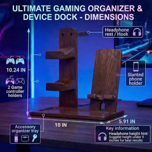 Wooden Headphone & Headset Stand, Controller Holder for PS5 & Xbox– Gaming Equipment, Gamer Gifts & Room Decor for Boy, Girl, Son, Husband, Boyfriend