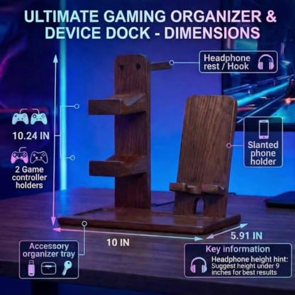 Wooden Headphone & Headset Stand, Controller Holder for PS5 & Xbox– Gaming Equipment, Gamer Gifts & Room Decor for Boy, Girl, Son, Husband, Boyfriend