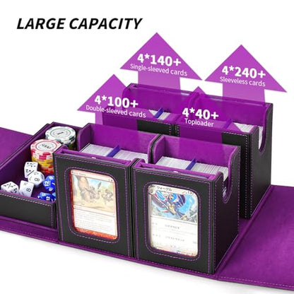 Commander Deck Box for MTG, Trading Card Storage Box Holds 400+ Double-Sleeved Cards, 5 IN 1 Removable Card Case with Dice Tray, Display Window with Magnetic Card Holders for TCG/CCG (Black Purple) - color: 5-IN-1-Black Purple
