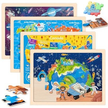 Puzzles for Kids Ages 4-6, 4 Packs 24 Pcs Wooden Jigsaw Puzzles for Toddlers Ages 2-4, Preschool Educational Map Puzzle Toys Gifts for 3 4 5 6 Boys Girls - style: Solar System