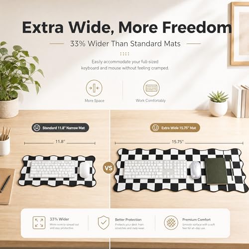 Large Checkered Desk Mat, 31.5" x 15.75" Scalloped Edge Mouse Pad, Non-Slip Rubber Base, Waterproof Desk Pad for Home Office Gaming, Keyboard Pad with Stitched Border (Black)