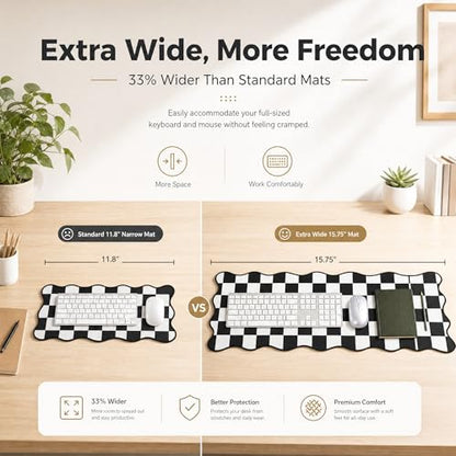 Large Checkered Desk Mat, 31.5" x 15.75" Scalloped Edge Mouse Pad, Non-Slip Rubber Base, Waterproof Desk Pad for Home Office Gaming, Keyboard Pad with Stitched Border (Black)