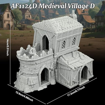 AUSPDICE Stone and Timber Dwelling RPG Terrain, 25mm Medieval Scenery | 1:64 Unpainted 3D Printed Medieval Village Fantasy Building, DND Terrain for Dungeons and Dragons, TTRPG Map Props-AF1124D - color: Af1124d Medieval Village D